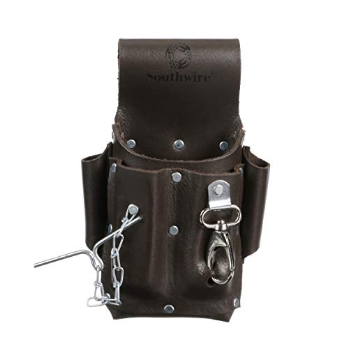 Southwire POUCH4 Leather Tool Pouch; 5 Pocket Pouch with Electrical Tape Chain; Fade Resistant; Durable Compartments; Washer Rivets; Includes Metal Tool Clip; Dark Brown