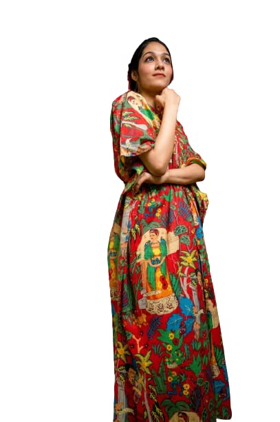 AMRANIS Frida Kahlo Printed Cotton Caftan Night Outfit or Party Attire, Bikini Cover-up, or Beachwear, Striking Maxi Nightdress can Also be Worn as a Slipover Tunic or Gown (Red, 55 Inches Length)