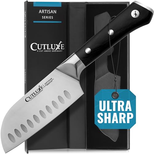 Cutluxe Santoku Knife – 5' Chopping Knife, Vegetable Knife – Forged High Carbon German Steel – Full Tang & Razor Sharp – Ergonomic Handle Design – Artisan Series
