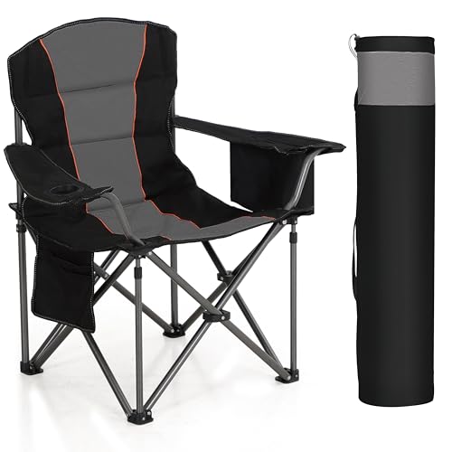 HIGH POINT SPORTS Oversized Portable Camping Folding Chair, Heavy Duty Foldable Outdoor Chair, Camp Chair with Cup Holder and Cooler Bag Support 450 LBS, Black
