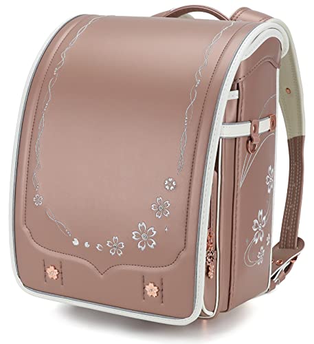 IwaiLoft Ransel Randoseru Backpack Automatic Satchel Japanese School Bag Cherry Blossom Sakura Embroidery PU Bookbag For Girls (Champagne)