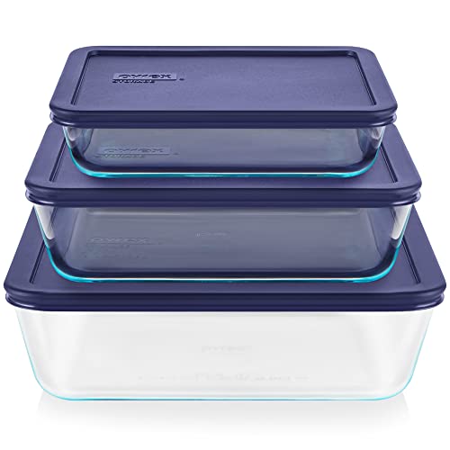 Pyrex Simply Store 6-Pc Glass Food Storage Container Set with Lids, 3-Cup, 6-Cup, & 11-Cup Rectangular Meal Prep Containers with Lid, BPA-Free Lid, Dishwasher, Microwave and Freezer Safe