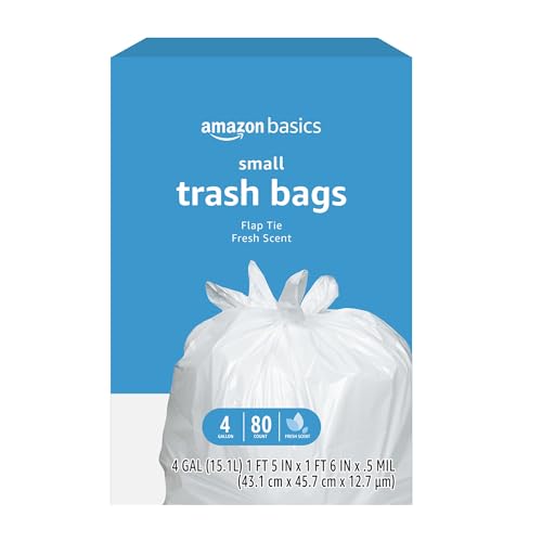 Amazon Basics 4 Gallon Trash Bags, Flap Ties with Fresh Scent, 80 Count