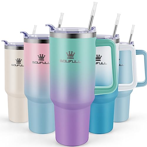 40 oz Tumbler with Handle and Straw Lid, 100% Leak-proof Travel Coffee Mug, Stainless Steel Insulated Cup for Hot Cold Beverages, Keeps Cold for 34Hrs or Hot for 10Hrs, Dishwasher Safe (GreenPurple)
