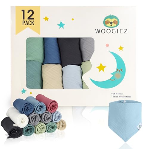 Woogiez Muslin Baby Bibs 12 PACK — Muslin Bibs; 100% Cotton Bandana Bibs; Boys, Girls — Newborn Bibs for Teething & Drooling