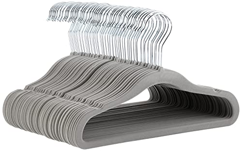 Amazon Basics Kids Velvet, Non-Slip Clothes Hangers for Infant and Toddle, 11.6 Inches (for baby clothes), Pack of 50, Gray