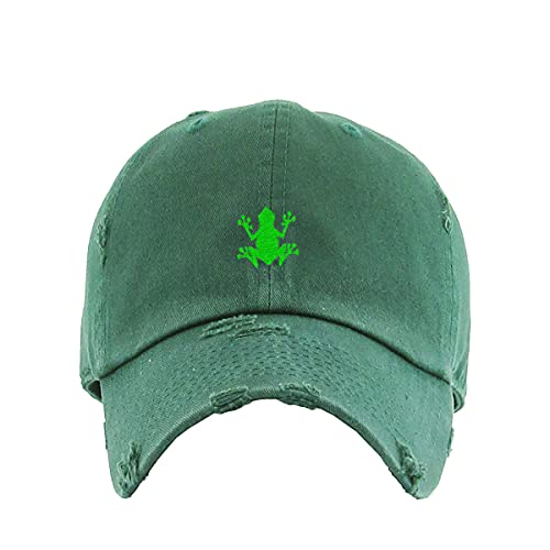 Bullfrog Vintage Baseball Cap Embroidered Cotton Adjustable Distressed Dad Hat Hunter Green