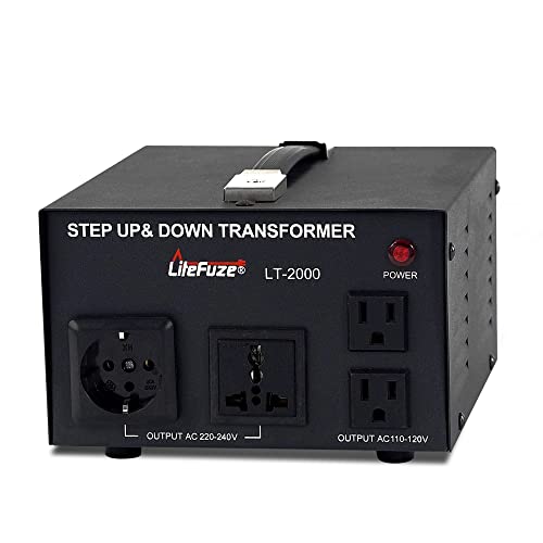 LiteFuze LT Series 2000 Watt Voltage Converter Transformer Step Up/Down - 110v to 220v / 220v to 110v Power Converter - Fully Grounded Cord - Universal Socket, CE Certified