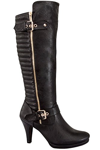 Forever Link BUCKLE ACCENT SIDE ZIPPER FAUX QUILTED LEATHER KNEE HIGH BOOTIES 75 BLACK