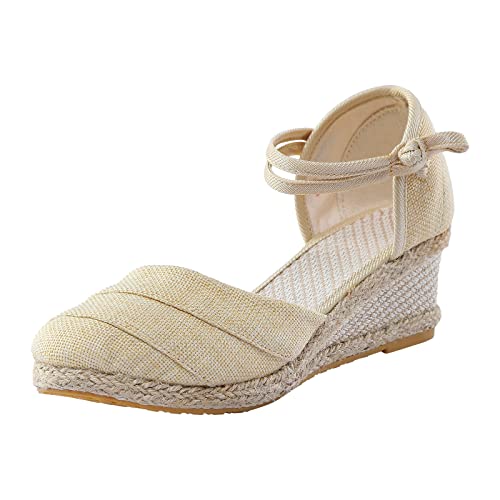 Shengsospp Women's Braided Strappy Wedge Sandal With Buckle Elastic T-Strap Beach Sandals for Summer Breathable Ripple Sandals Beige, 7