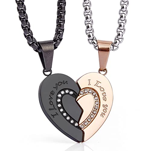 Wolentty Couple His Hers Necklaces Broken Heart Pendants Inlaid Zirconic Stone Jewelry Gift for Valentine's Day (Rose Gold)