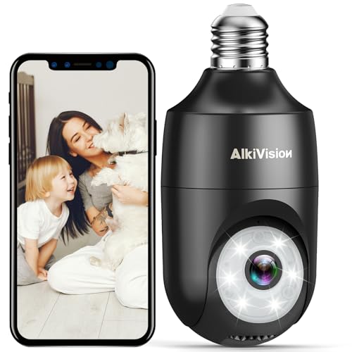 AlkiVision 2K Light Bulb Security Camera Wireless Outdoor - 360° AI Motion Detection Cameras for Home Security Outside, 2.4G Hz, Full-Color Night Vision, Auto Tracking, Siren Alarm, SD/Cloud Storage