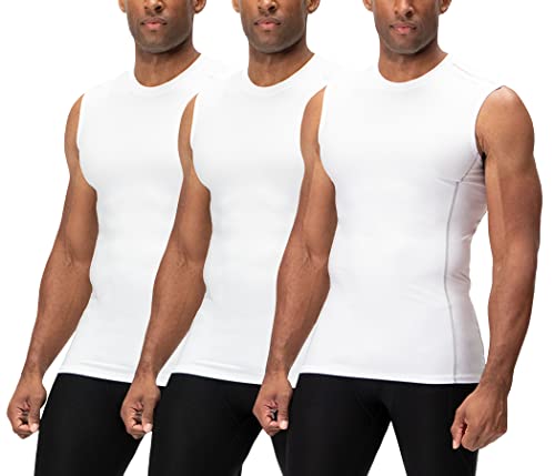 DEVOPS 3 Pack Men's Athletic Compression Shirts Sleeveless (Large, White/White/White)