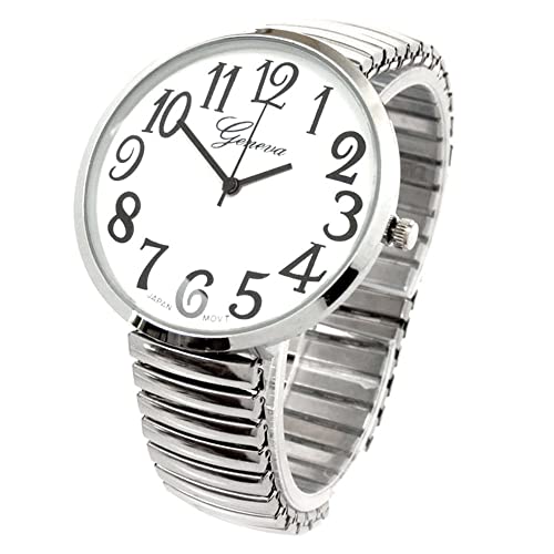 Blekon Collections Silver Super Large White Face Case Size 43mm EXTRA LARGE Stretch Band Japanese Movement PC21J Fashion Watch