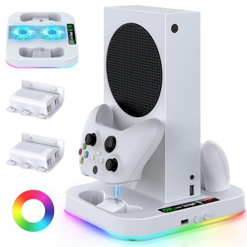 Cooling Stand for Xbox Series S with RGB Light, MENEEA Fast Charger Station with 2x1400mAH Batteries,Cooler Accessories with 3-speed Adjustable Fan, Dual Charger Dock, 15 Light Modes, 2.0 USB Port