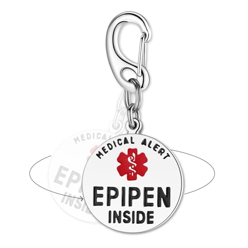 Divoti EpiPen Inside Bag Tag 1.25' - with Quick Clip | Pre-Engraved Stainless Steel Dual-sided | Bold Lettering