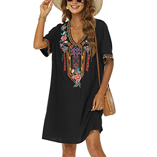 Grosy Women's Embroidered Mexican Peasant Dresses, Plus Size Fiesta Boho Dress for Women, Traditional Floral Bohemian Skirts (3X-Large, Black-1)