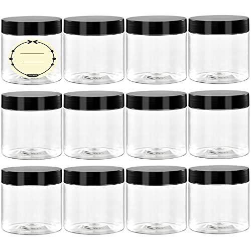 TUZAZO 4 Oz Plastic Container Jars with Lids and Labels BPA Free, Empty Round Clear Cosmetic Slime Jars for Lotion, Cream, Ointments, Body Butter, Makeup, Travel Storage (12 Pack)
