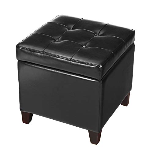 Adeco Bonded Leather Square Tufted Cubic Cube Footstool, 18' Height Storage Ottomans, With Lid, Black