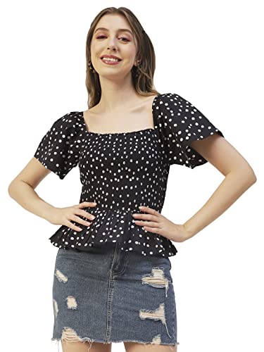 Moomaya Women Printed Cotton Short Sleeves Crop Top, Smocked Casual Peplum Top