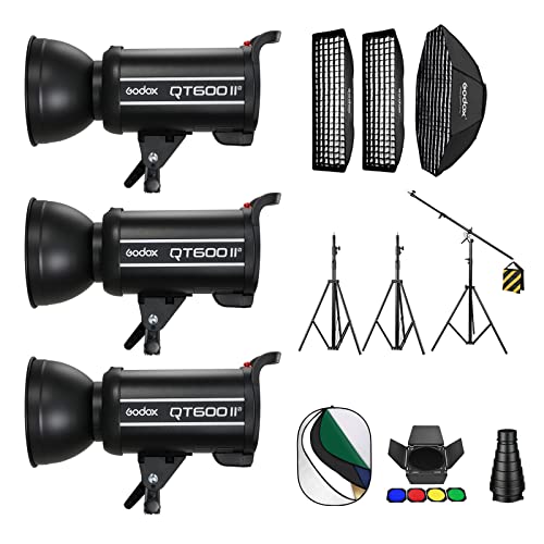 Godox 3 Pack QT600II 1800Ws 2.4G TTL Speedlite Studio Flash Strobe Light Bowens Mount Kit,GN76 1/8000s HHS,Recycle in 0.05-0.9 Sec for Studio Shooting, Location and Portrait Photography