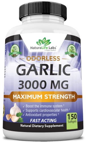 NaturaLife Labs A Higher Standard Odorless Pure Garlic 3000 mg per Serving Maximum Strength 150 Soft gels Promotes Healthy Cholesterol Levels Immune System Support