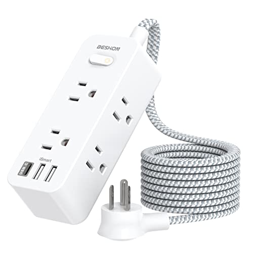 Power Strip Surge Protector, 5Ft Extension Cord, 6 Outlets with 3 USB Ports(1 USB C Outlet), 3-Side Outlet Extender, Wall Mount, Compact for Travel, Home, School, College Dorm Room and Office