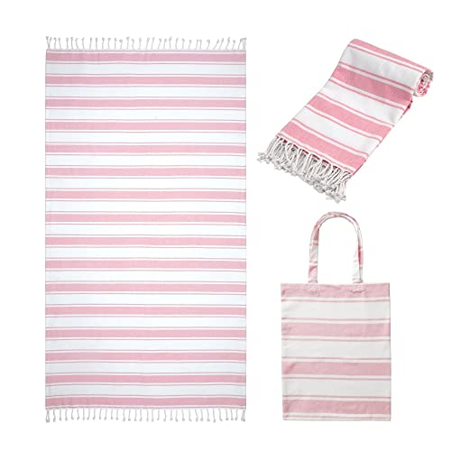 Folkulture Turkish Beach Towel or Sandproof Beach Blanket 40 x 72 Inches with Beach Bag for Vacation, 100% Cotton Quick Dry Oversized Bath Towels for Adults from Daughter, Pink
