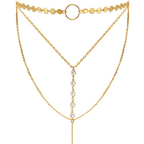 Suyi Stylish Layered Sequins Choker Necklace with Thin Long Chain Pendant for Women Lady Girl (Crystal Gold)