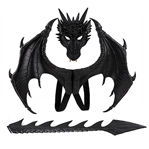 XIANIWTA Kids Dragon Wings Costume Dinosaur Tail Mask Set Cosplay costume (Black Set)