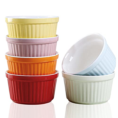 YAZYLIFE Ramekins 6oz Oven Safe,Creme Brulee Ramekins and Souffle Dishes,Porcelain Ramekin Baking Bowls,Dipping Sauce Dish.Pudding Cups,Set of 6,Colorful. (Colorful)