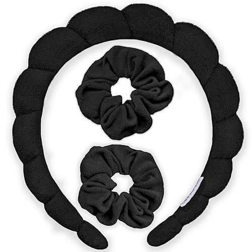 FROG SAC Puffy Spa Headband and Wristbands for Face Washing, Skincare Headbands for Women, Terry Cloth Makeup Skin Care Headbands for Girls, Bubble Make Up Hair Accessories (Black)