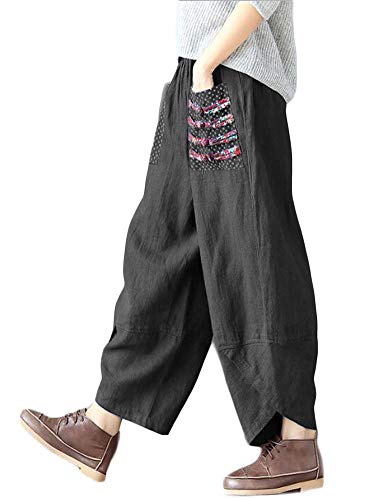 Minibee Women's Baggy Linen Wide Leg Trousers Casual Patchwork Elastic Waist Harem Pants Black 2XL