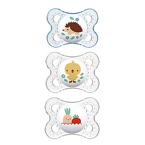 MAM Original Baby Pacifier, Nipple Shape Helps Promote Healthy Oral Development, Curved Shield to Protect Skin,Clear/Boy, 0-6 , 3 Count (Pack of 1)