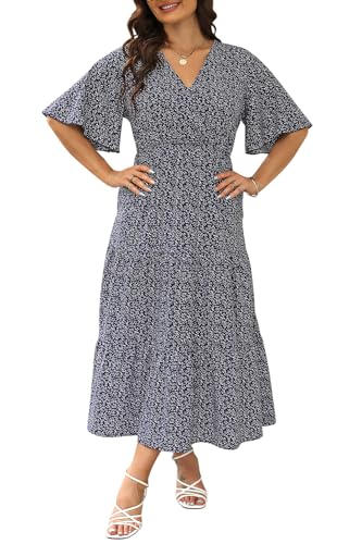 Keluummi Plus Size Wedding Guest Dress for Women, Summer Casual Boho Floral Maxi Dress, 3/4 Sleeve, Empire Waist with Pocket(20 Plus, 01 - Navy Blue White Floral)