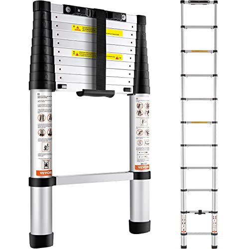 VEVOR Telescoping Ladder, 10.5 FT Aluminum One-Button Retraction Collapsible Extension Ladder, 375 LBS Capacity w/Non-Slip Feet, Portable Multi-Purpose Compact Ladder for Home, RV, Loft, ANSI Listed