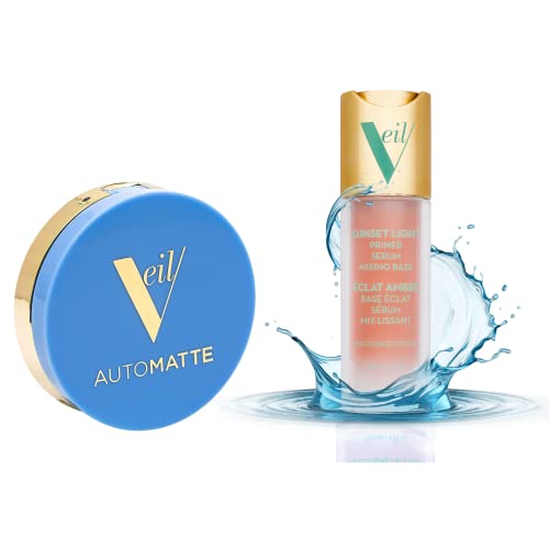 Veil Cosmetics | AutoMatte Mattifying Balm & Sunset Light 3-in-1 Primer | Translucent Powderless Makeup Blur Pores & Fine Lines | Serum, Mixing Base, Primer | Hydrate, Brighten & Soothe | Vegan