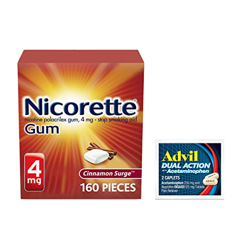 Nicorette 4 mg Nicotine Gum to Help Quit Smoking - Cinnamon Flavored Stop Smoking Aid, 1-Pack, 160 Count, Plus Advil Dual Action Coated Caplets with Acetaminophen, 2 Count