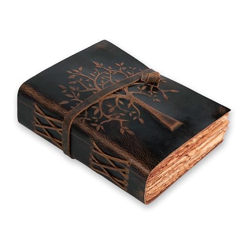 LEATHER VILLAGE Tree of Life Journal - 8'X6' (A5) inches - Red Brown - 200 Antique Deckle Edge Handmade Paper – Book of Shadows - Vintage Leather Bound Journal for Women & Men