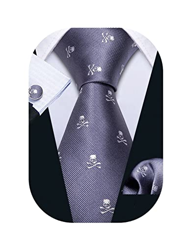 Barry.Wang Grey Skull Ties for Men Party Business Unique Design Woven Necktie Set