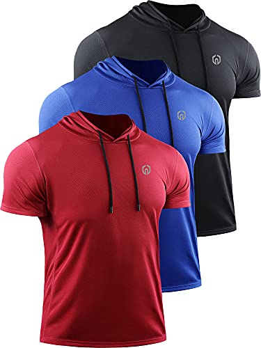 NELEUS Men's Running Shirt Mesh Workout Athletic Shirts with Hoods,5084,3 Pack,Black/Blue/Red,US S,EU M