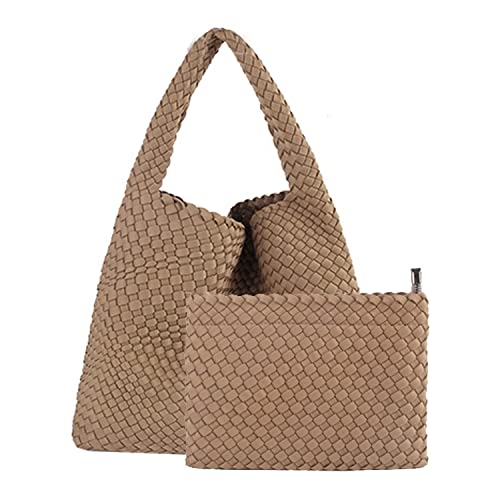 Fashion Woven Purse for Women Top-handle Shoulder Bag Neoprene Hobo Tote Retro Wrist Bag Travel Handbag Work Shopping Daily (Khaki)