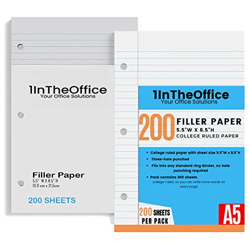 1InTheOffice College Ruled Filler Paper 5.5 x 8.5, 3 Hole Punch Filler Paper, Loose Leaf Paper, White, 200 Sheet/Pack