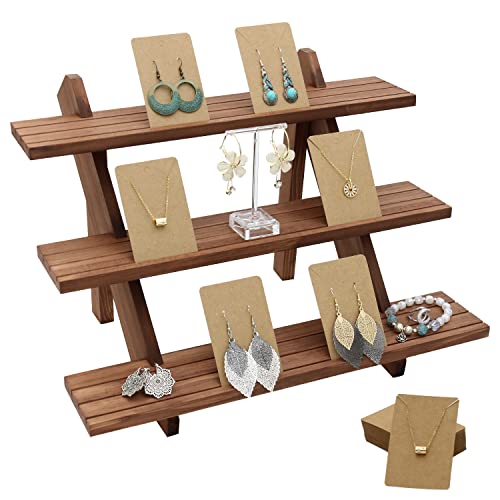 Auroal 51pcs 3-Tier Wood Earring Display Stand, Retail Display Riser Earring, Ring Holder Stand, Removable Countertop Small Merchandise Display Stand with 50 Pcs Earring Card (Light Brown)