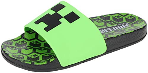 Minecraft Boys' Sport Slide Sandals, Indoor Outdoor Pool Slide, Black/Green, Size 3/4 Big Kid