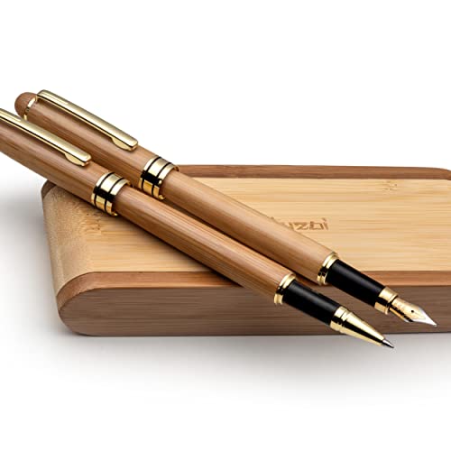 ZenZoi Wood Pen Set - Bamboo Fountain Pen w/Fine Nib & Rollerball Pen. Smooth Writing, Refillable, Vintage, Crafted, Journaling Pen. Luxury Pen Gift Set for Men, Women, Ink Converter.