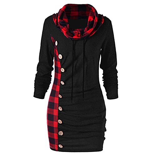 FORUU Women's Cowl Neck Plaid Drawstring Button Hoodie Sweatshirt Tunic Dress