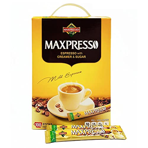 Maxpresso 3 in 1 Korean Instant Coffee Mix - Single Serve Sticks 100 Packets with Creamer and Sugar Premium Hot or Iced Coffee Blend Rich Flavor
