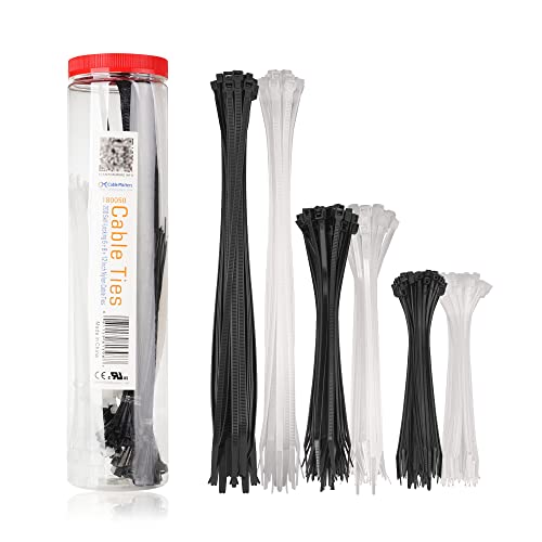 Cable Matters 200-Pack Cable Ties for Indoor and Outdoor, 6, 8, 12-Inch Self-Locking Nylon Zip Ties Assorted Sizes, Wire Ties, Tie Wraps for Multiple Use, Self Locking Zipties, in Black and White