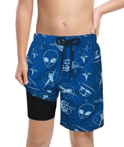LUCOWEE Boys Swim Trunks Compression Soft Underweasr Lined Anti Chafe Swimming Shorts Bathing Lakewear Sandless Stretchy Functional Drawstring Light Weight Quick Dry UPF 50+ ET UFO Size 14-16